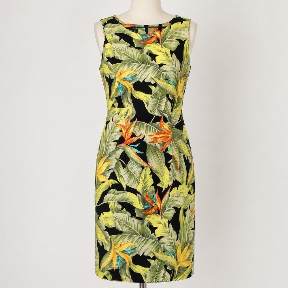 AGB Dress Womens 10 Tropical Bird of Paradise Print Sleeveless Sheath Midi
